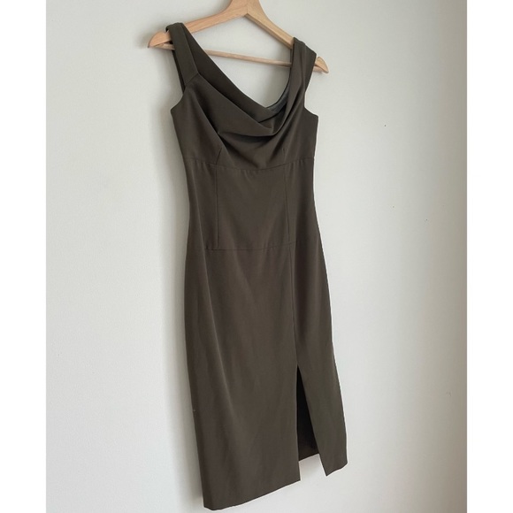 Black Halo -Classic Rolled-Neck Sheath Dress in Washed Olive - Picture 3 of 8